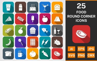 25 VOEDSEL ronde hoek schaduwrijke PACK Icon Set