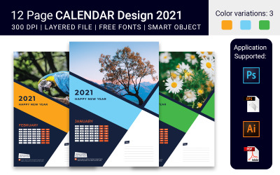 Plantilla de diseño de calendario de pared de 12 páginas Planificador 2021