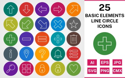 25 BASIC ELEMENTS LINE CIRCLE PACK Ikonuppsättning