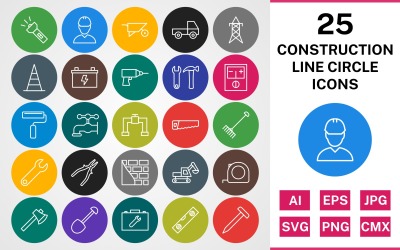 Conjunto de ícones de 25 CONSTRUCTION LINE CIRCLE PACK