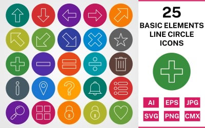 Conjunto de iconos de 25 ELEMENTOS BÁSICOS LINE CIRCLE PACK