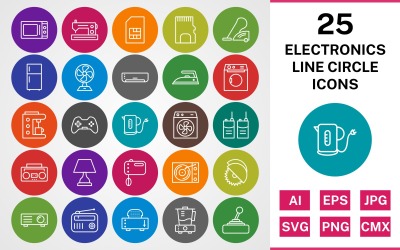25 ELEKTRONICZNYCH URZĄDZEŃ LINE CIRCLE PACK Zestaw ikon