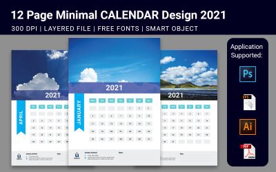 12 stron Minimalny szablon kalendarza ściennego 2021 Planner