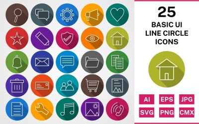 25 BASIC UI LINE CIRCLE SHADOWED PACK Ikonuppsättning