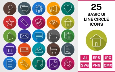 Conjunto de iconos de PAQUETE SOMBRADO DE CÍRCULO DE LÍNEA BÁSICA DE 25 UI