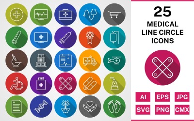 25 MEDICAL LINE CIRCLE SHADOWED PACK Icon Set