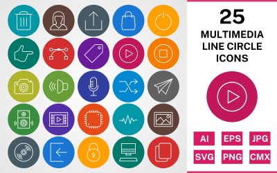 25 MULTIMEDIA LINE CIRCLE PACK Icon Set