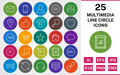 25 MULTIMEDIA LINE CIRCLE PACK Icon Set
