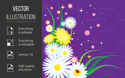 Beautiful Chamomiles with Ladybug - Vector Image