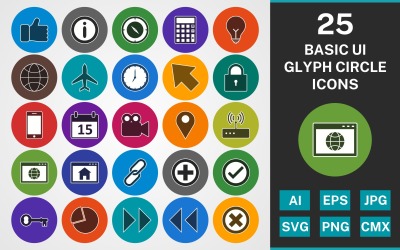 Conjunto de ícones de pacote básico de 25 GLYPH CIRCLE UI