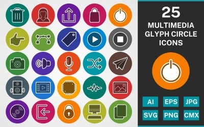 25 MULTIMEDIA GLYPH CIRCLE PACK Icon Set