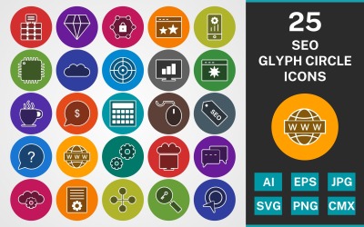 25 Set di icone SEO GLYPH CERCHIO PACK