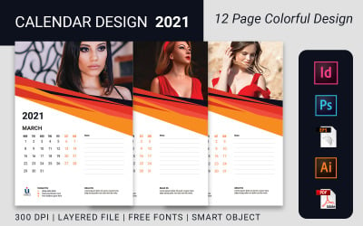 Modello di progettazione di calendario da parete colorato di 12 pagine Volume 2021 - Agenda 2