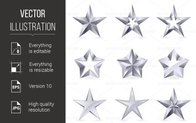 Různé typy a formy stříbrných hvězd - vektorový obrázek