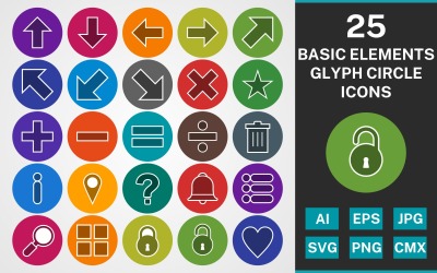 25 BASIC ELEMENTS GLYPH CIRCLE PACK Icon Set