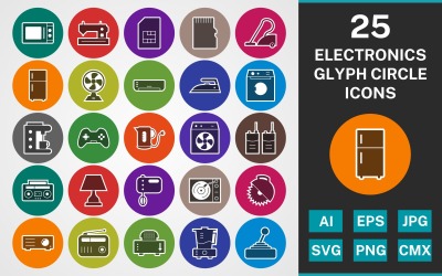 Conjunto de iconos de 25 DISPOSITIVOS ELECTRÓNICOS GLYPH CIRCLE PACK