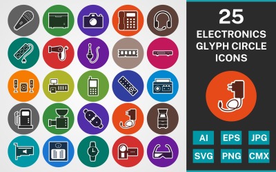 25 ELEKTRONISCHE APPARATEN GLYPH CIRCLE PACK Icon Set