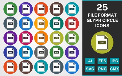 Ensemble d&amp;#39;icônes 25 FILE FORMAT GLYPH CIRCLE PACK