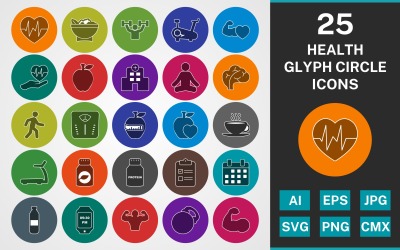 25 HEALTH GLYPH CIRCLE PACK Ikonuppsättning