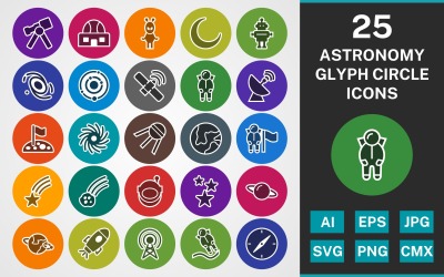 25 set di icone di ASTRONOMIA GLYPH CERCHIO PACK