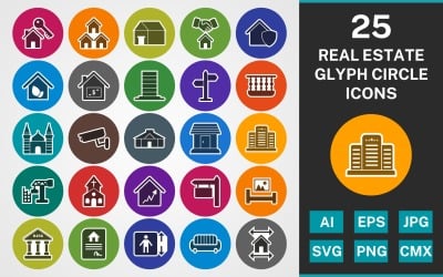 25 set di icone di GLYPH CERCHIO IMMOBILIARE