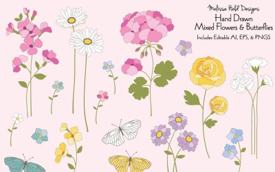 Fiori e farfalle disegnati a mano - illustrazione