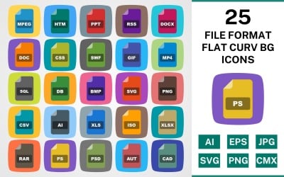 Conjunto de ícones de 25 FORMATO DE ARQUIVO FLAT CURV BG PACK