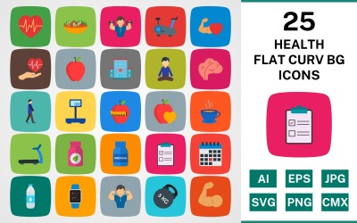 Conjunto de ícones de 25 HEALTH FLAT CURV BG PACK