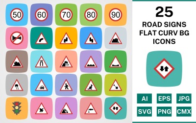 Ensemble d&amp;#39;icônes de 25 panneaux de signalisation FLAT CURV BG PACK
