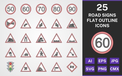 25 STRASSENZEICHEN FLAT OUTLINE PACK Icon Set