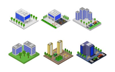 Conjunto de edificio isométrico - imagen vectorial