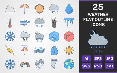 Conjunto de iconos de PAQUETE DE ESQUEMA PLANO DE 25 CLIMA