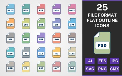 25 FILFORMAT FLAT OUTLINE PACK Ikonuppsättning