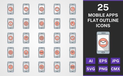 25 MOBILE APPS FLAT OUTLINE PACK Icon Set