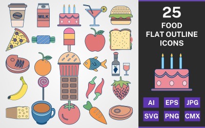 Набор иконок 25 FOOD FLAT OUTLINE PACK