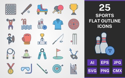 25 SPORTS AND GAMES FLAT OUTLINE PACK Icon Set