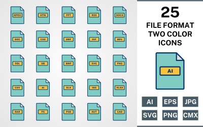 Conjunto de ícones de pacote de 25 FORMATO DE ARQUIVO ENCHIDO COM DUAS CORES