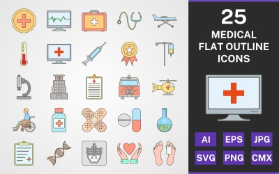 25 Conjunto de ícones de PACOTE MÉDICO FLAT OUTLINE
