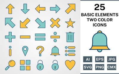 25 GRUNDLEGENDE ELEMENTE GEFÜLLT ZWEI FARBEN PAKET Icon Set