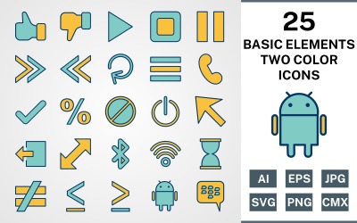 25 GRUNDLEGENDE ELEMENTE GEFÜLLT ZWEI FARBEN PAKET Icon Set