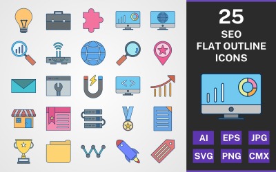 25 SEO FLAT OUTLINE PAKETİ Icon Set