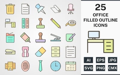25 BÜROGEFÜLLTES UMRISSPAKET Icon Set