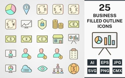 Conjunto de iconos de PAQUETE DE ESQUEMA LLENO DE 25 NEGOCIOS
