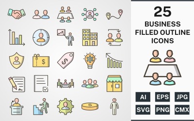 Conjunto de iconos de PAQUETE DE ESQUEMA LLENO DE 25 NEGOCIOS