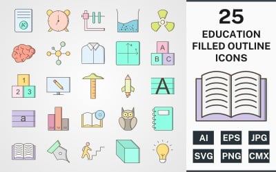 25 EDUCATION FILLED OUTLINE PACK Icon Set