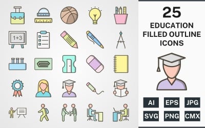 25 EDUCATION FILLED OUTLINE PACK Icon Set