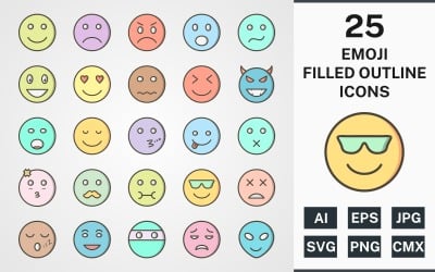 25 EMOJI FILLED OUTLINE PACK Icon Set