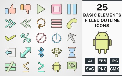 25 GRUNDLEGENDE ELEMENTE GEFÜLLTES UMRISSPAKET Icon Set