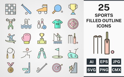25 SPORTS AND GAMES FILLED OUTLINE PACK Icon Set