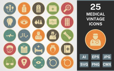 Ensemble d&amp;#39;icônes de 25 PACK MEDICAL VINTAGE